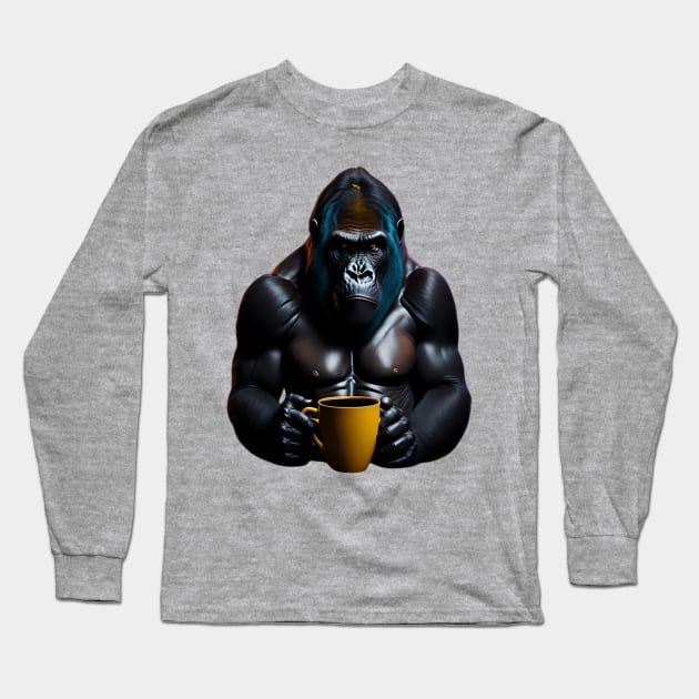 Gorilla with coffee mug Long Sleeve T-Shirt by likbatonboot